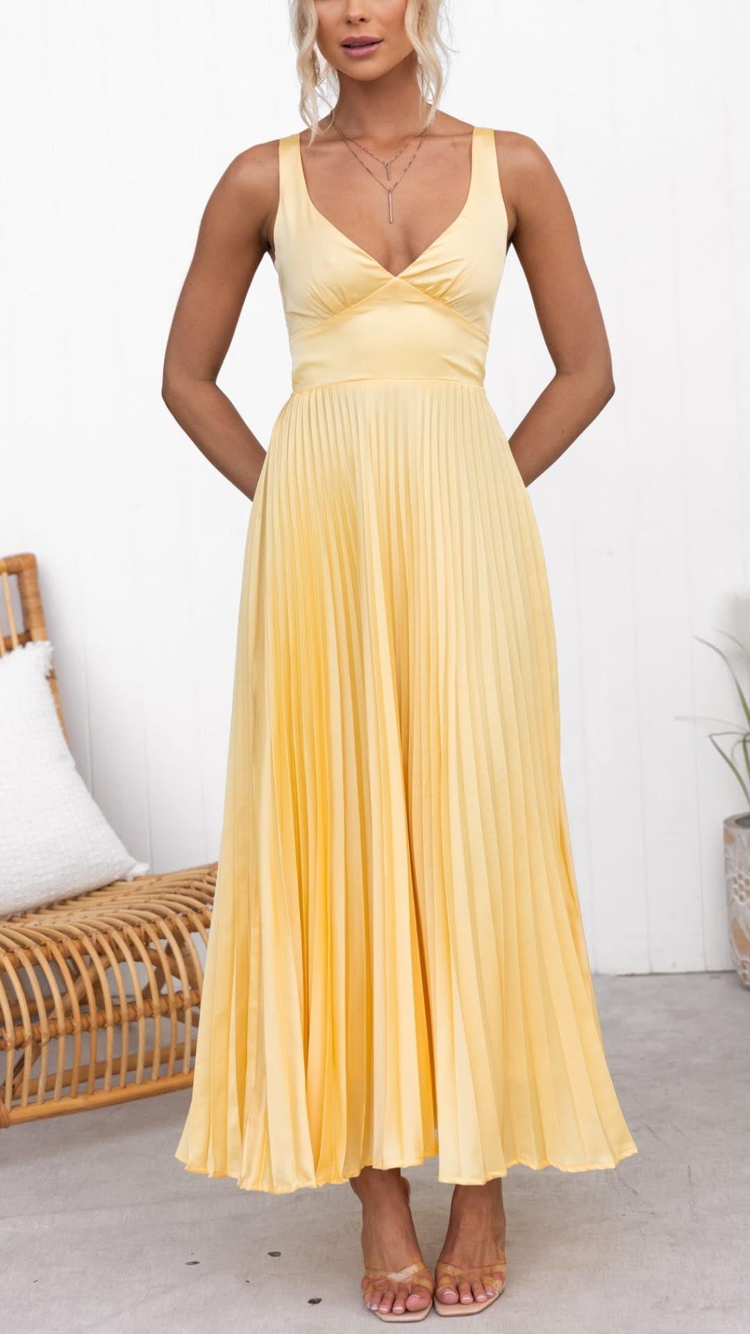 Malkaâ„¢ | Abito Maxi Plissettato con Scollatura a V