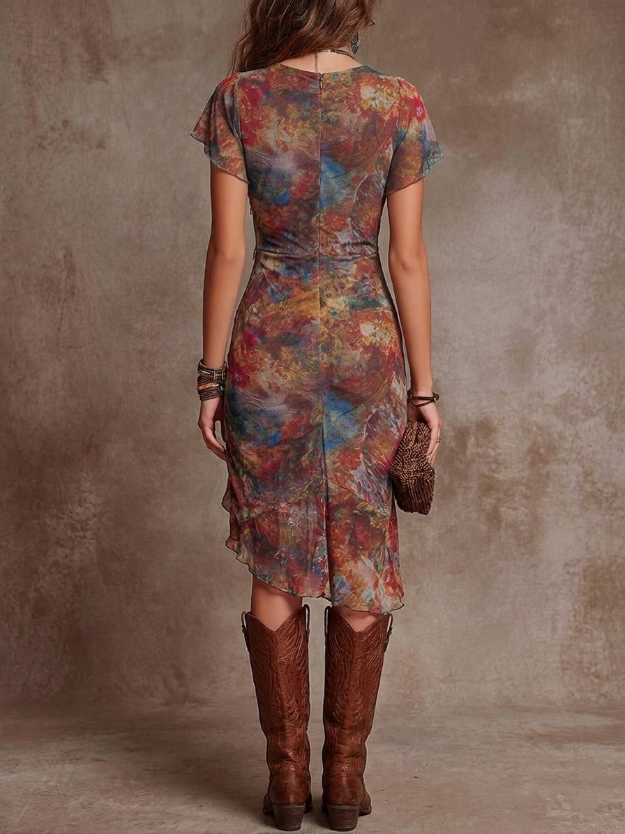 Martina - Vestito midi plissettato con scollo a V, stampa d'arte astratta in stile bohemiano