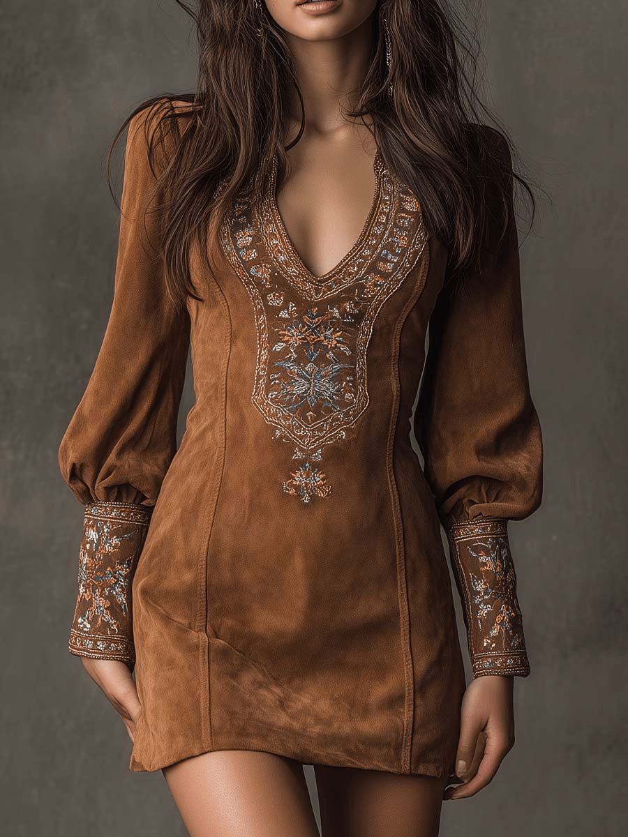 Fiora | Abito mini scamosciato ricamato Viola