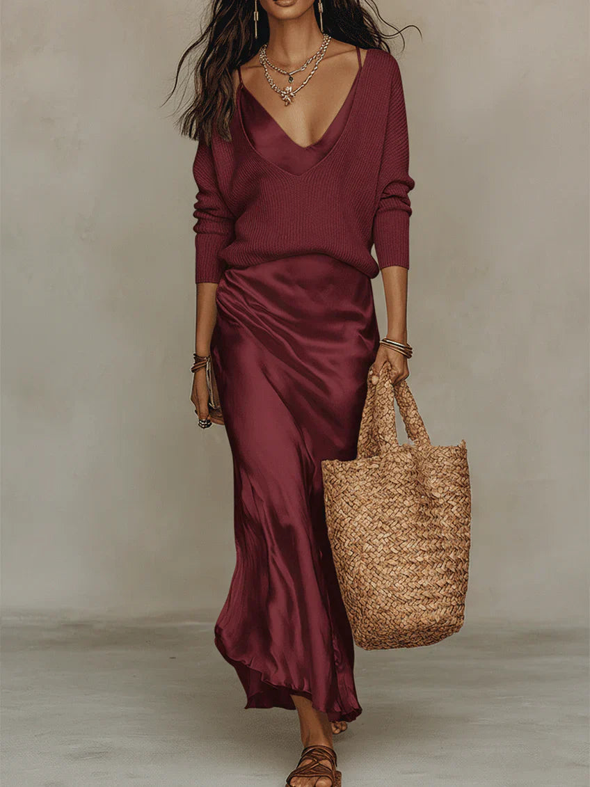 Elena | Satin Midi Dress with Sweater Included